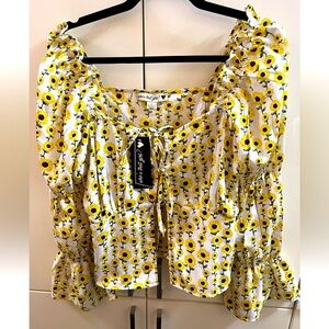 Whos That Girl Sunflower Tie Up Size L Balloon Sleeves Blouse Top NEW
